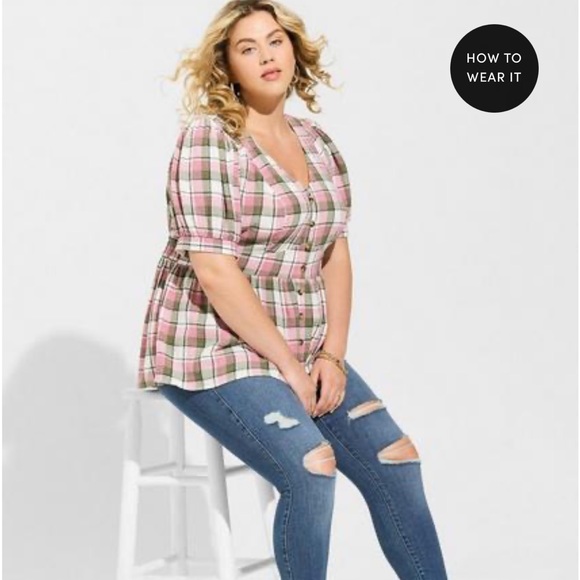 torrid Tops - Torrid Pink & Green Plaid Babydoll Crinkle Flannel Gauze Button Short Sleeve NWT